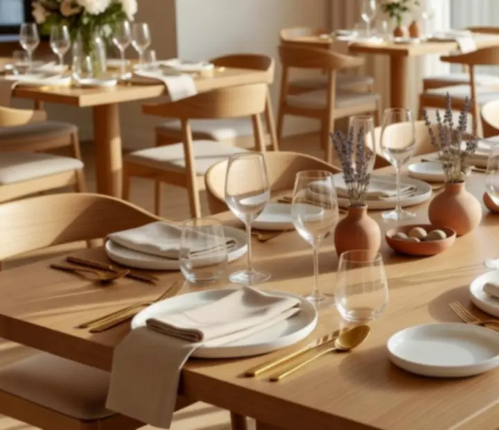 Elegancka aranżacja stołu w restauracji Maweb Design Korlátolt Felelősségű Társaság z jasnym drewnem i oliwkowymi akcentami