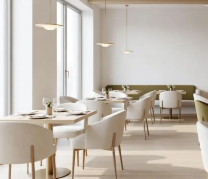 Jasne, przestronne wnętrze restauracji Maweb Design Korlátolt Felelősségű Társaság z elegancko nakrytymi stołami