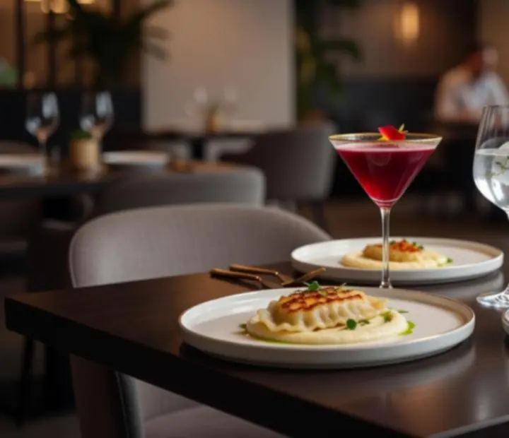 Elegancko nakryty stół z potrawami i koktajlami w restauracji Maweb Design Korlátolt Felelősségű Társaság