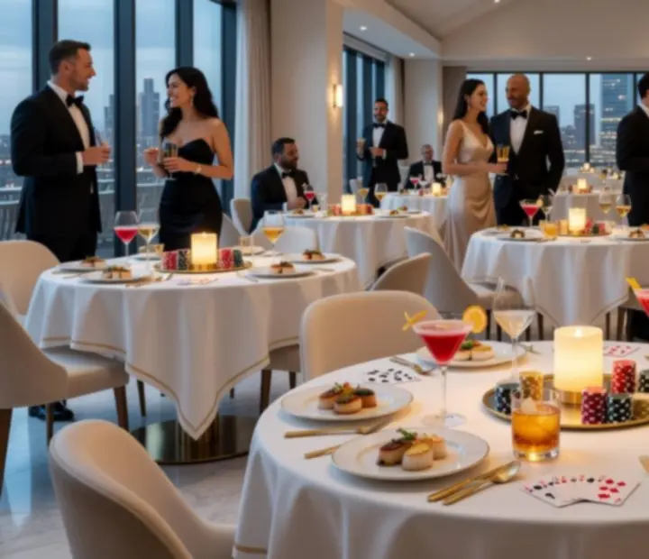 Jasne wnętrze restauracji Maweb Design Korlátolt Felelősségű Társaság podczas kasynowego wieczoru z elegancką zastawą i dekoracyjnymi żetonami