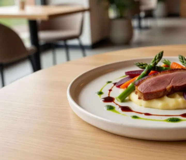 Nowocześnie podane danie główne w restauracji Maweb Design Korlátolt Felelősségű Társaság