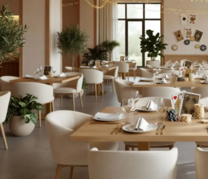 Jasna, przestronna sala restauracji Maweb Design Korlátolt Felelősségű Társaság z elegancką zastawą i subtelnymi kasynowymi akcentami