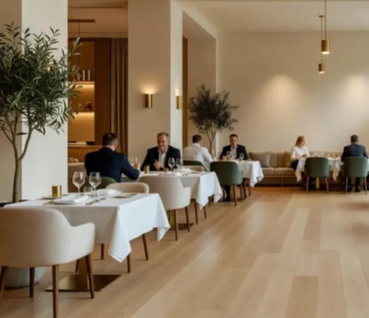 Przestronne wnętrze restauracji Maweb Design Korlátolt Felelősségű Társaság z jasnym wystrojem