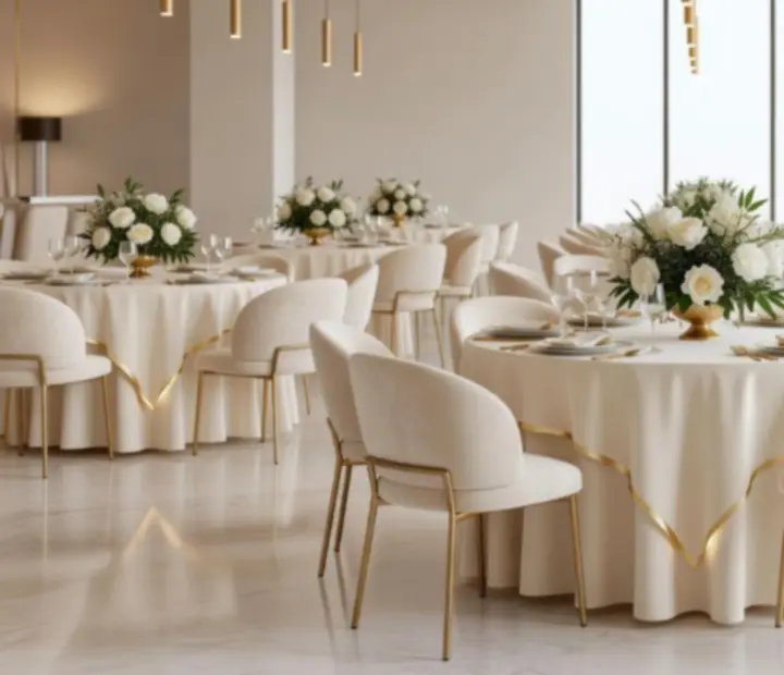 Elegancka sala bankietowa przygotowana na przyjęcie w Maweb Design Korlátolt Felelősségű Társaság