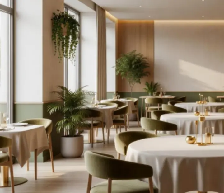 Jasne, przestronne wnętrze restauracji Maweb Design Korlátolt Felelősségű Társaság z elegancko nakrytymi stołami