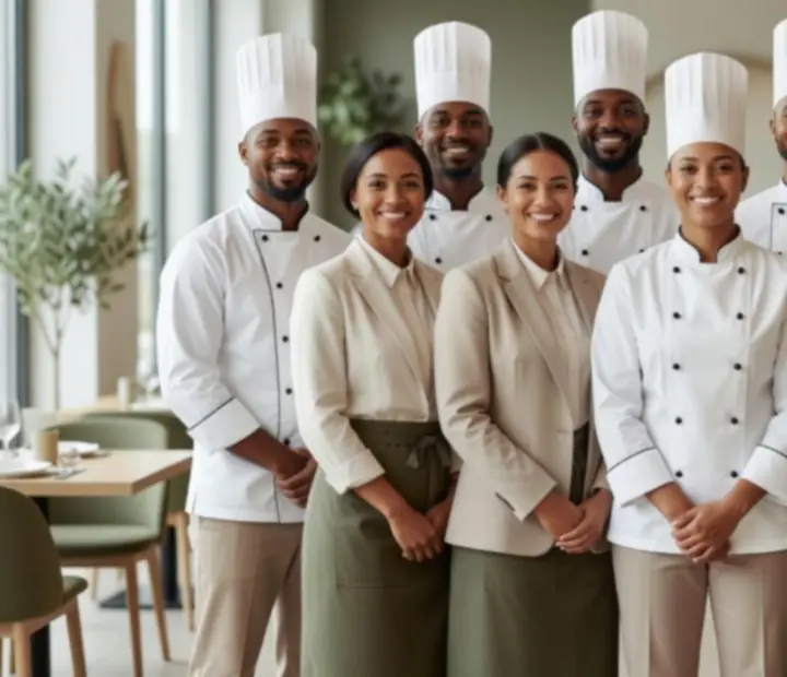 Zespół restauracji Maweb Design Korlátolt Felelősségű Társaság podczas pracy na sali i w kuchni